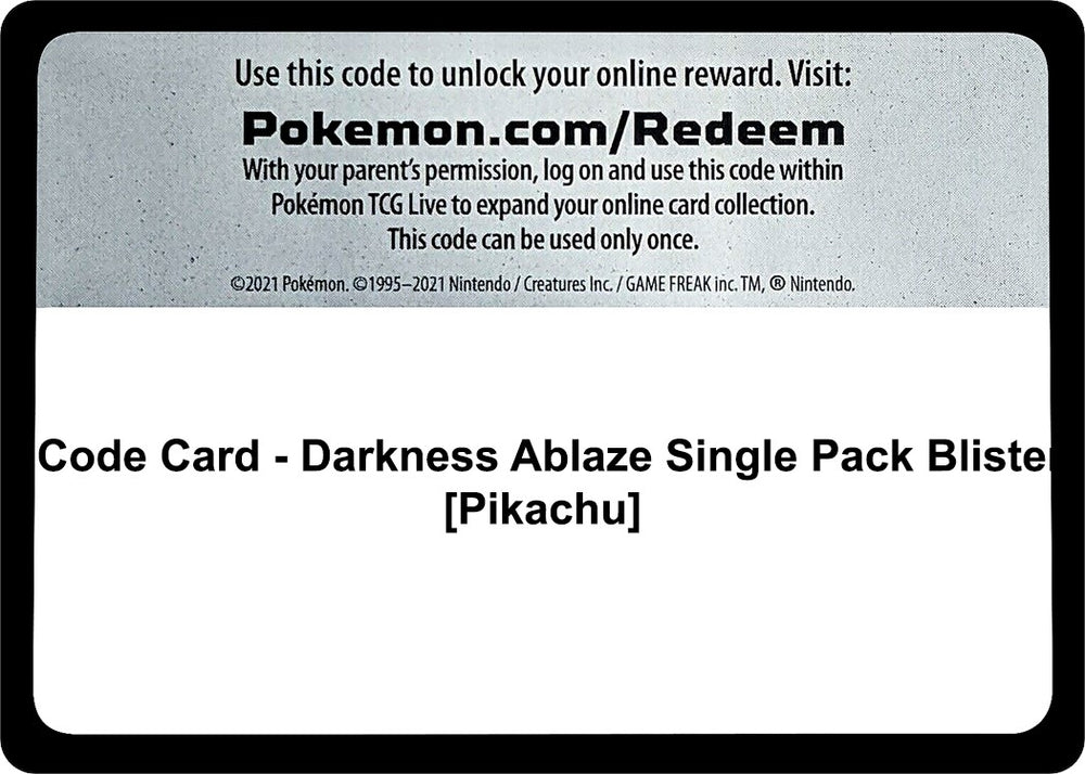 Image for Code Card - Darkness Ablaze Single Pack Blister [Pikachu] (SWSH03) - Pokemon