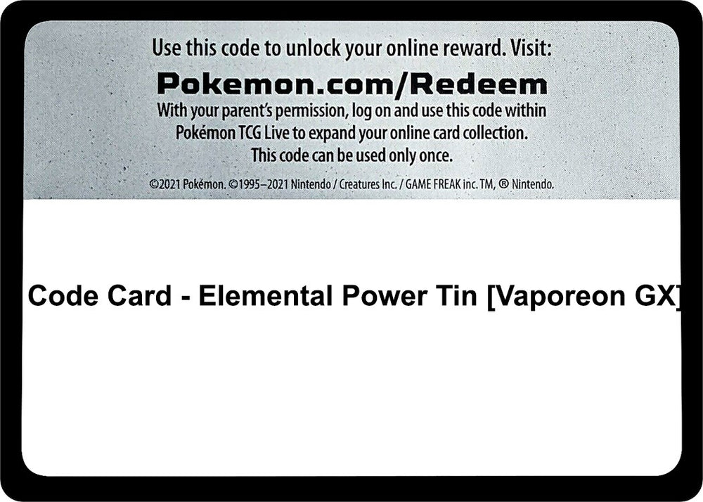 Image for Code Card - Elemental Power Tin [Vaporeon GX] (MCAP) - Pokemon