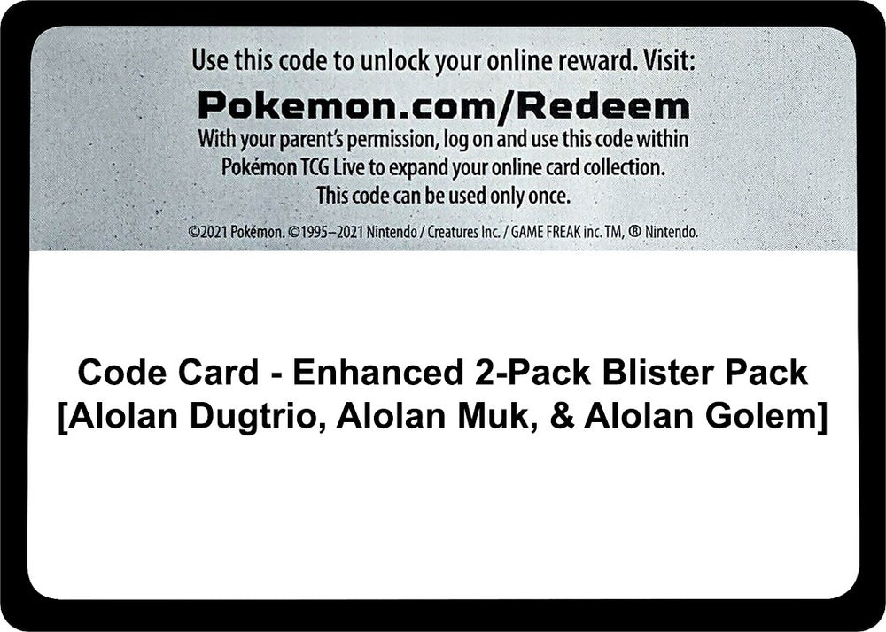 Image for Code Card - Enhanced 2-Pack Blister Pack [Alolan Dugtrio, Alolan Muk, & Alolan Golem] (MCAP) - Pokemon