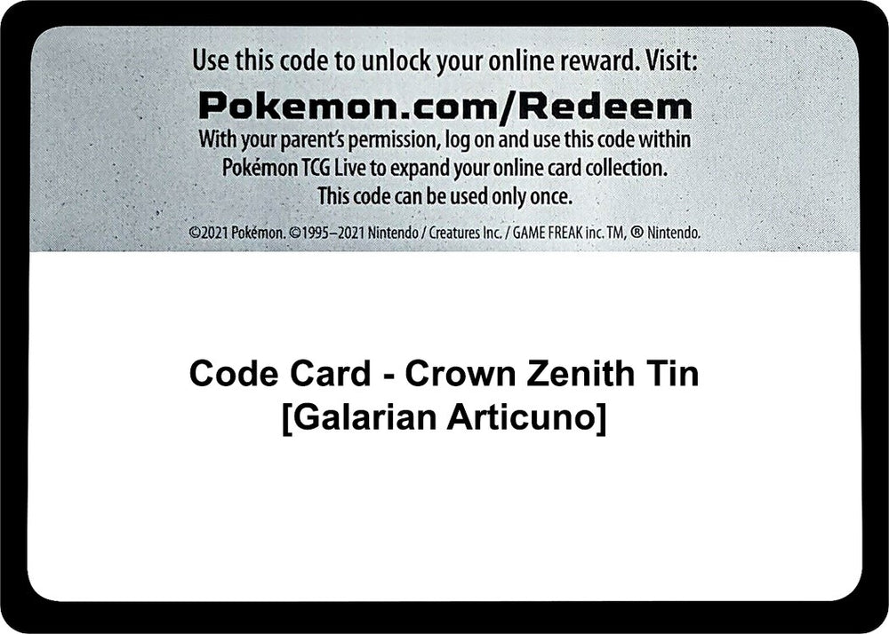Image for Code Card - Crown Zenith Tin [Galarian Articuno] (CRZ) - Pokemon