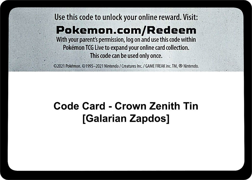 Image for Code Card - Crown Zenith Tin [Galarian Zapdos] (CRZ) - Pokemon