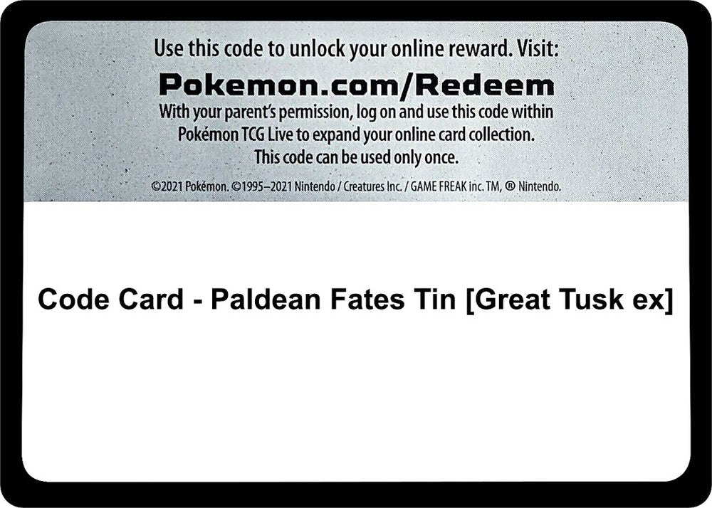 Image for Code Card - Paldean Fates Tin [Great Tusk ex] (PAF) - Pokemon