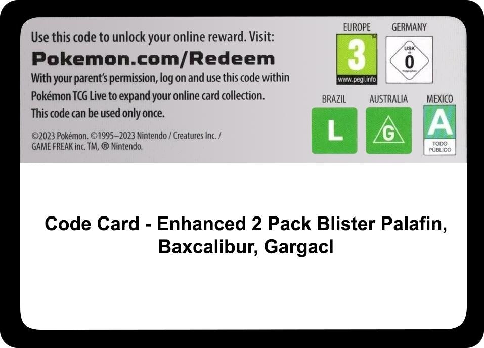 Image for Code Card - Enhanced 2-Pack Blister Pack [Palafin, Baxcalibur & Garganacl] (MCAP) - Pokemon