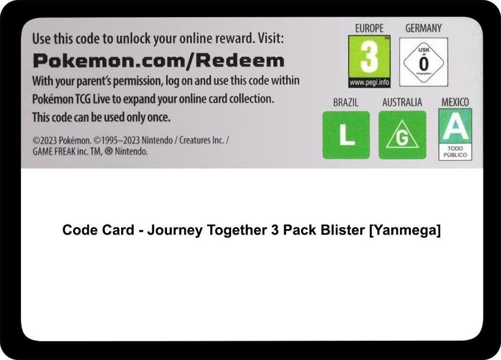 Image for Code Card - Journey Together 3 Pack Blister [Yanmega] (JTG) - Pokemon