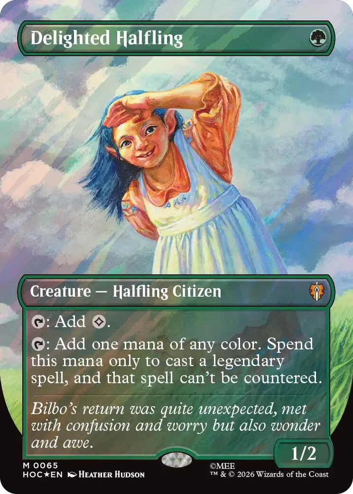 Image for Delighted Halfling (Borderless) (Surge Foil) (65) (HOC) - Magic: The Gathering